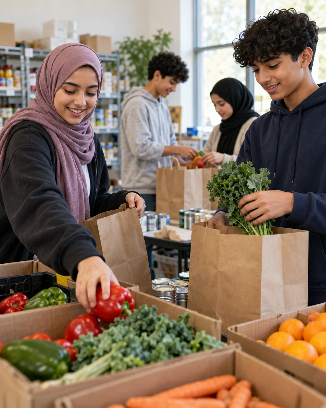 Illustrative scene of teenagers preparing grocery bags for a neighborhood food pantry